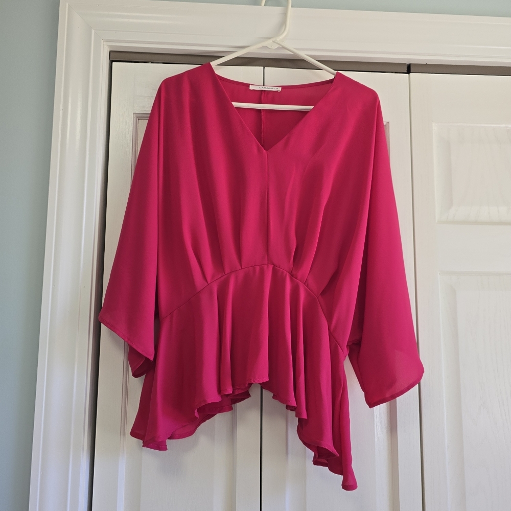 Caramela Asymmetrical Ruffled Pink Blouse 3/4 Sleeve